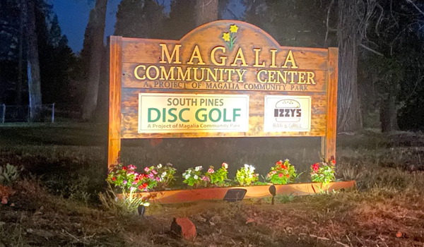 A wooden sign for magalia community park with lights shinging on it at night
